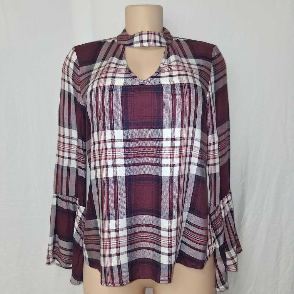 American Rag Cie Plainbell Vtg Burgundy Plaid Choker Blouse.Vtg Boho retro.Casua - Picture 2 of 16